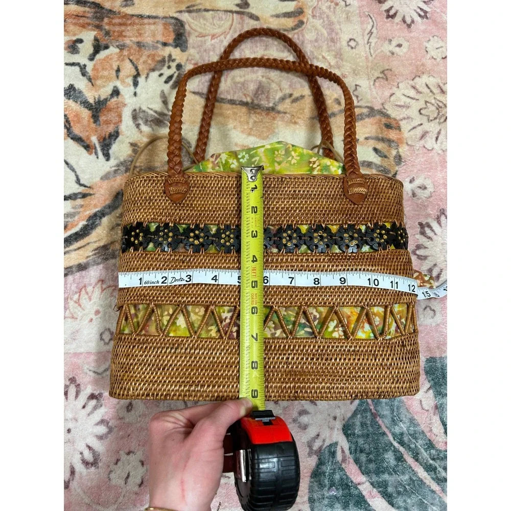 Vintage Rattan Tote Bag Floral Batik Drawstring Brown Woven‎ Straw Shoulder Bag